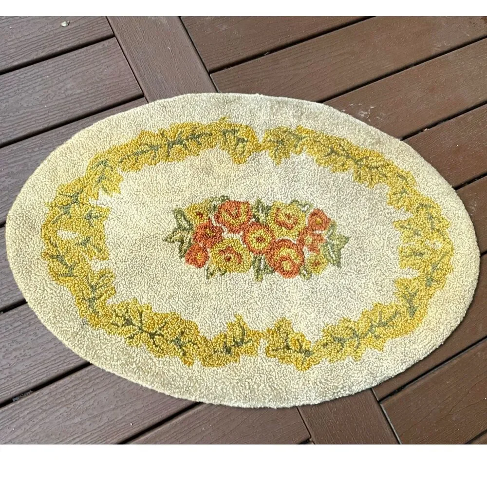 Oval floral hook rug yellow and orange vintage floral hook rug 35